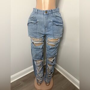 Trendy Distressed Jeans in Light Blue